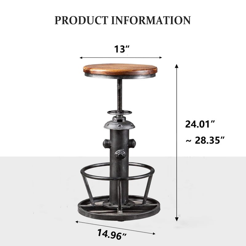 Topower Antique Industrial Round Bottom Adjustable Height Cafe Coffee Retro Vintage Stylish Water Pipe Design Pub Kitchen Bar Stool (Silver, Wooden Top) - Image 2